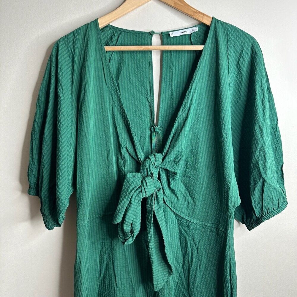 Mango MNG Midi Dress Womens XL Green Striped Boho Puff Sleeve Twist Wrap Tie - Picture 4 of 14